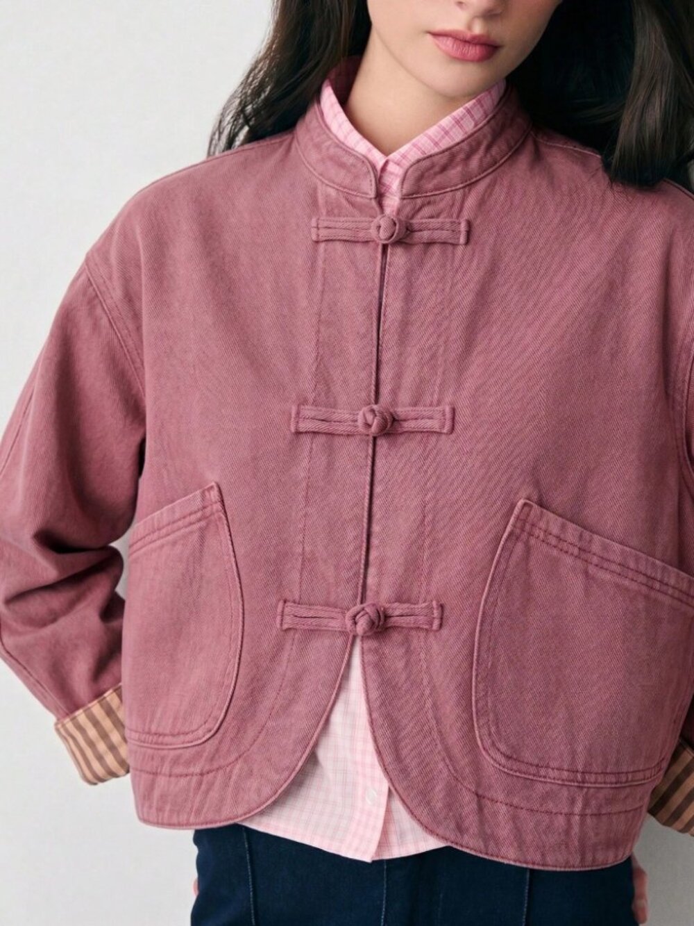 Mauve Pink Rounded Denim Jacket with Frog Button Closures